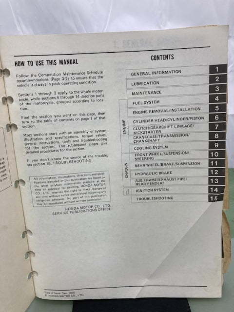 Honda 61KA509 CR500R Service Manual '85-'91 Genuine