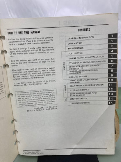 Honda 61KA509 CR500R Service Manual '85-'91 Genuine