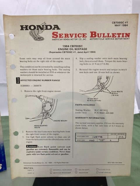 Honda 61MJ102 CB700SC NightHawk S Service Manual '84-'86 Genuine