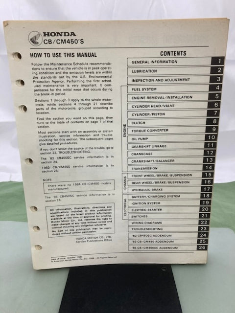 Honda 61MC003 CB/CM450'S Shop Manual '82 '83 & '85 Genuine