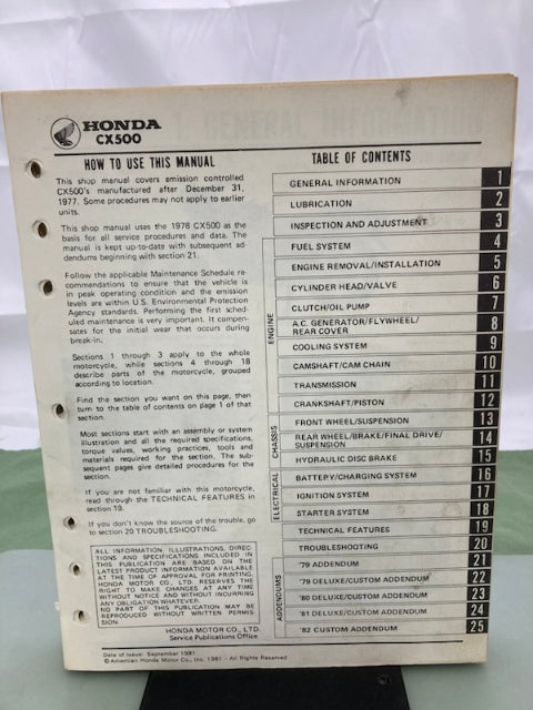 Honda 6141505 CX500 Deluxe Custom Shop Manual '78-'82 Genuine