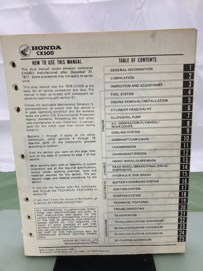 Honda 6141505 CX500 Deluxe Custom Shop Manual '78-'82 Genuine