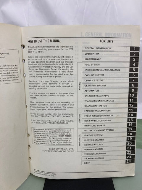 Honda 61MK801 VFR700F/FII VFR750F Interceptor Service Manual '86-'87 Genuine