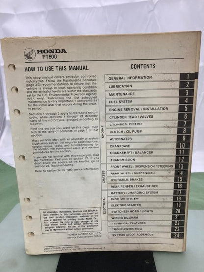 Honda 61MC801 FT500 Ascot Shop Manual '82-'83 Genuine