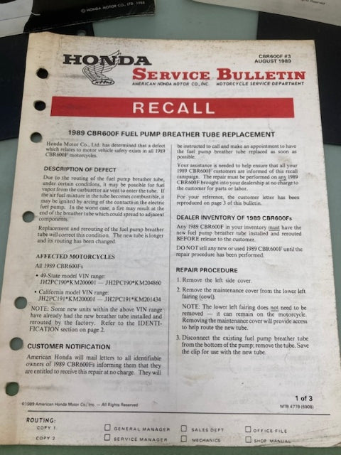 Honda 61MN402 CBR600F Service Manual '87-'90 Genuine