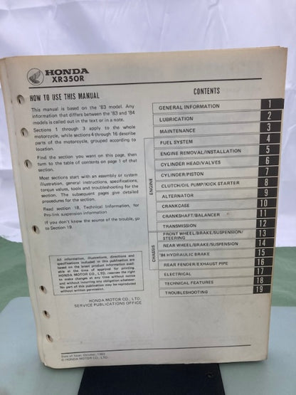 Honda 61KF001 XR350R Shop Manual '83-'84 Genuine
