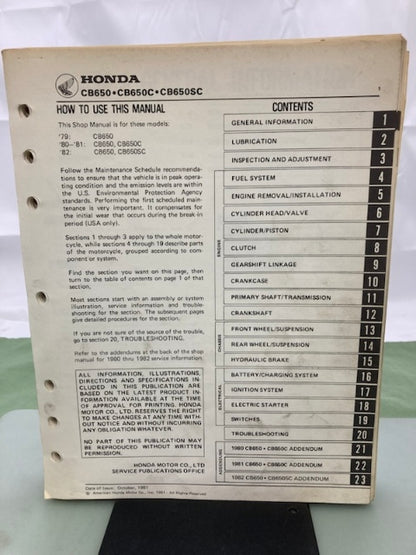 Honda 6142603 CB650'S Shop Manual '79-'82 Genuine