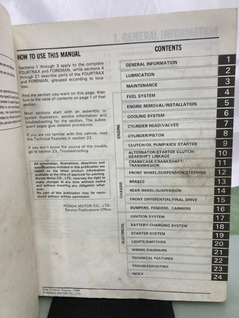 Honda 61HA703 TRX350 TRX350D FourTrax Foreman 4x4 Service Manual '86-'89 Genuine