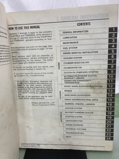 Honda 61HA703 TRX350 TRX350D FourTrax Foreman 4x4 Service Manual '86-'89 Genuine