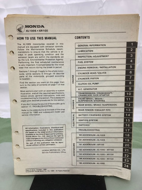 Honda 6143606 XL100S/XR100 Shop Manual '79-'85 Genuine