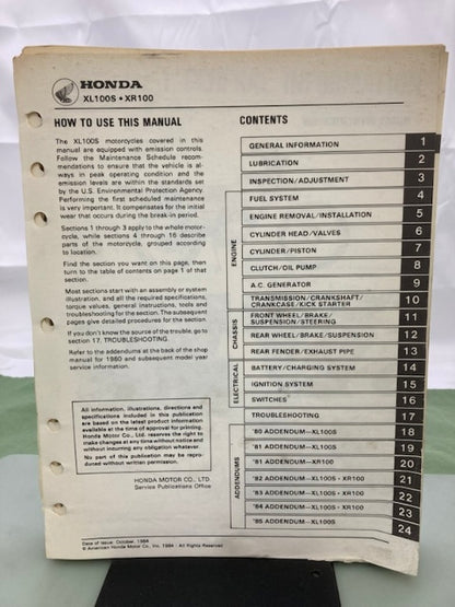 Honda 6143606 XL100S/XR100 Shop Manual '79-'85 Genuine