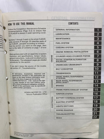 Honda 61HE001 FL400R Pilot Service Manual '89-'90 Genuine