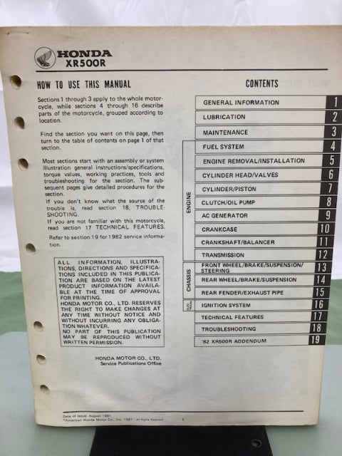 Honda 61MA001 XR500R Shop Manual '81-'82 Genuine