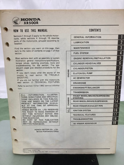 Honda 61MA001 XR500R Shop Manual '81-'82 Genuine