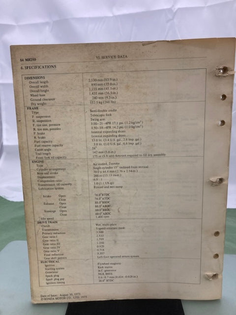 Honda 6139501 MR 250 MR250 Shop Manual '76 Genuine