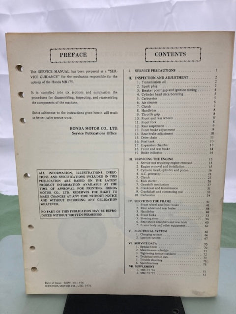 Honda 6137302 MR 175 MR175 Shop Manual '77 Genuine