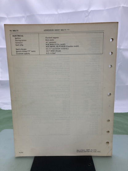 Honda 6137302 MR 175 MR175 Shop Manual '77 Genuine