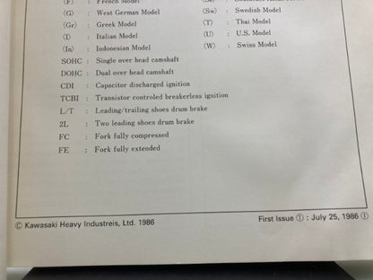 Kawasaki 99926-1010-01 Service Specifications Handbook '85-'86 Model Genuine