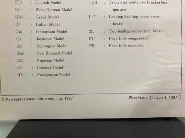 Kawasaki 99926-1011-01 Service Specifications Handbook '86-'87 Model Genuine