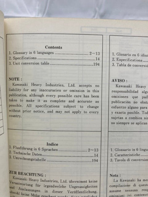Kawasaki 99926-1011-01 Service Specifications Handbook '86-'87 Model Genuine