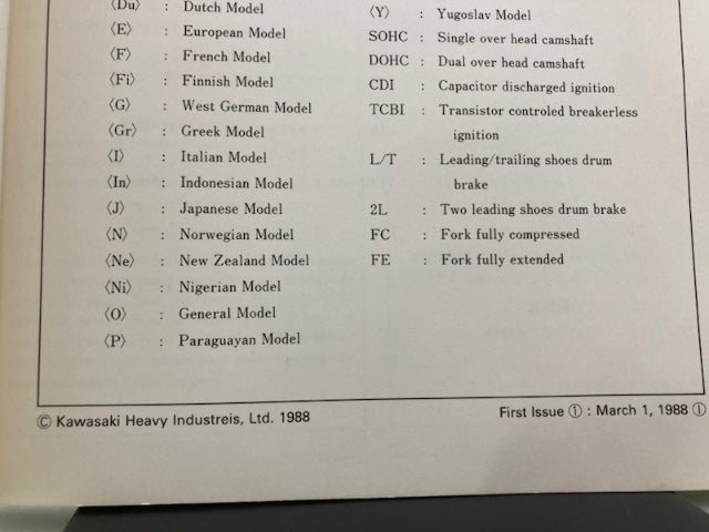 Kawasaki 99926-1012-01 Service Specifications Handbook '87-'88 Model Genuine