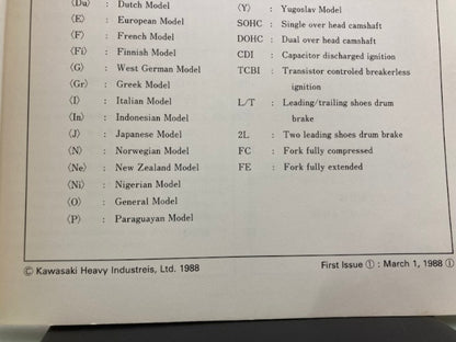 Kawasaki 99926-1012-01 Service Specifications Handbook '87-'88 Model Genuine