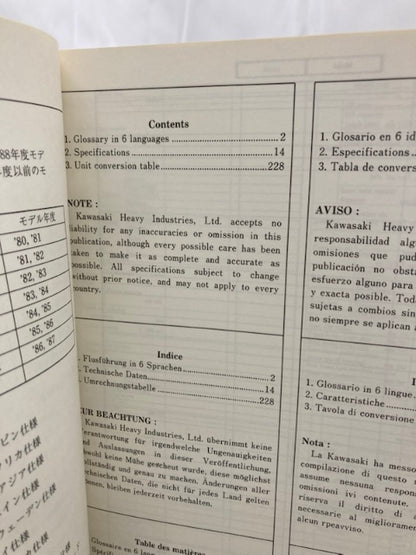 Kawasaki 99926-1012-01 Service Specifications Handbook '87-'88 Model Genuine