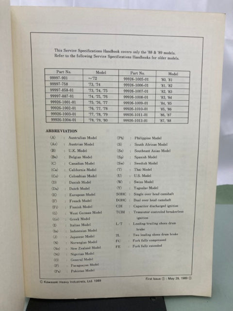 Kawasaki 99926-1014-01 Service Specifications Handbook '88-'89 Model Genuine