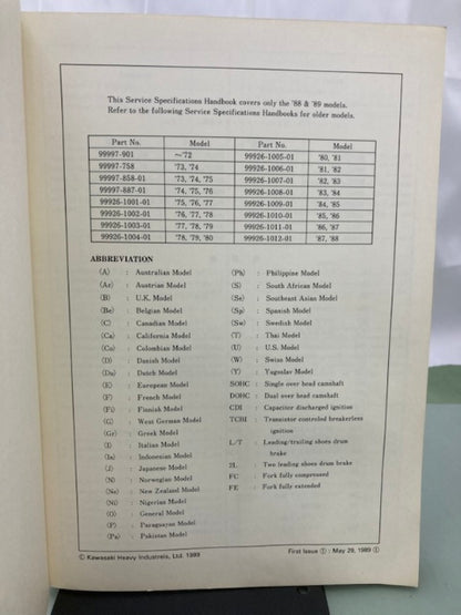 Kawasaki 99926-1014-01 Service Specifications Handbook '88-'89 Model Genuine