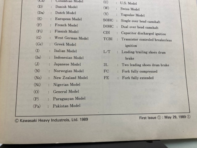 Kawasaki 99926-1014-01 Service Specifications Handbook '88-'89 Model Genuine