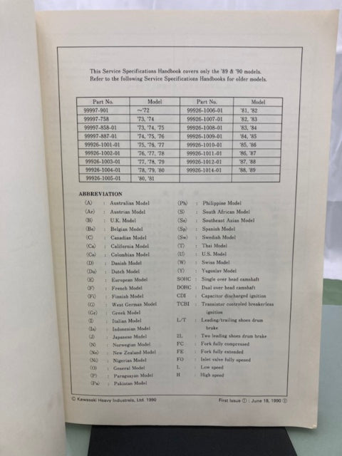 Kawasaki 99926-1016-01 Service Specifications Handbook '89-'90 Model Genuine
