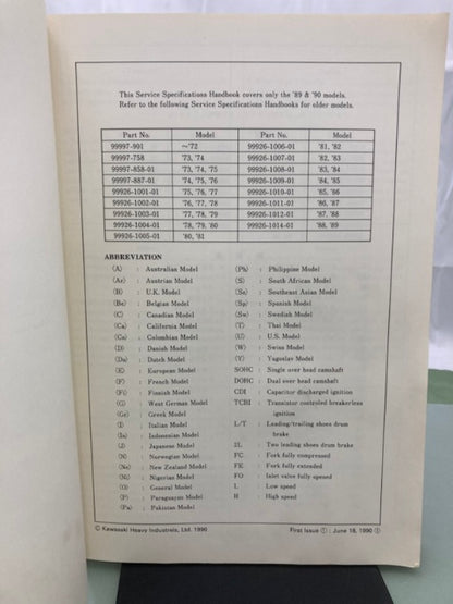 Kawasaki 99926-1016-01 Service Specifications Handbook '89-'90 Model Genuine