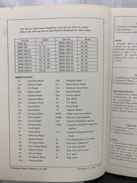 Kawasaki 99926-1018-01 Service Specifications Handbook '90-'91 Model Genuine