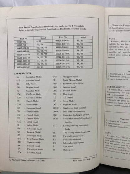 Kawasaki 99926-1018-01 Service Specifications Handbook '90-'91 Model Genuine