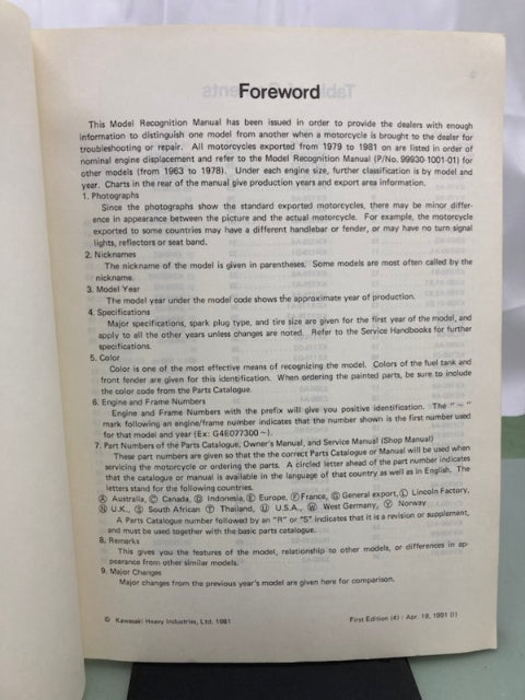 Kawasaki 99930-1002-01 Model Recognition Manual '79-'81 Genuine