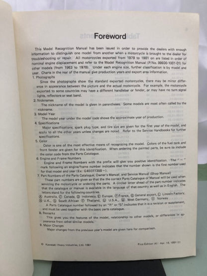 Kawasaki 99930-1002-01 Model Recognition Manual '79-'81 Genuine