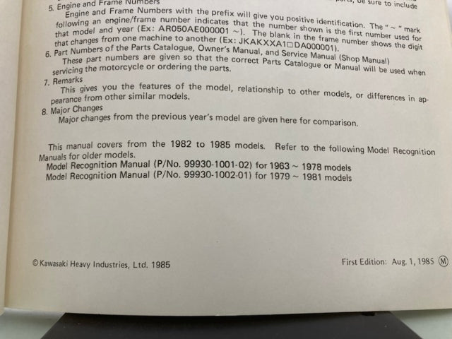 Kawasaki 99930-1003-01 Model Recognition Manual 82-'85 Model Genuine