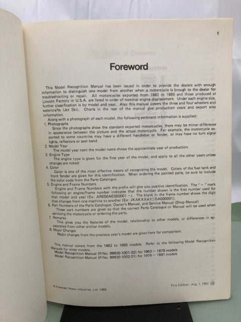 Kawasaki 99930-1003-01 Model Recognition Manual 82-'85 Model Genuine
