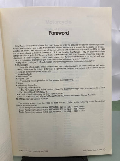 Kawasaki 99930-1004-01 Model Recognition Manual '86-'88 Model Genuine