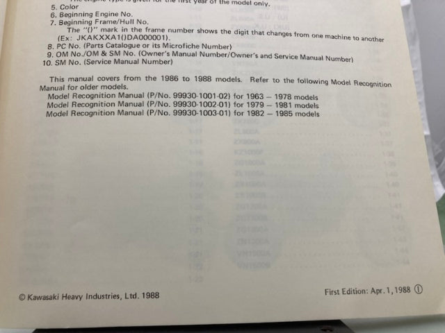 Kawasaki 99930-1004-01 Model Recognition Manual '86-'88 Model Genuine