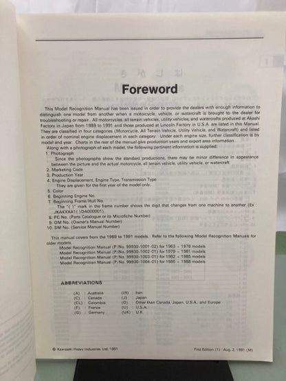 Kawasaki 99930-1005-01 Model Recognition Manual '89-'91 Genuine