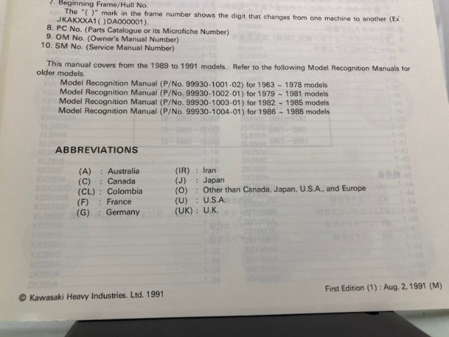 Kawasaki 99930-1005-01 Model Recognition Manual '89-'91 Genuine