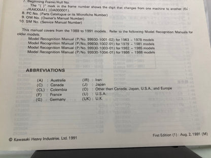 Kawasaki 99930-1005-01 Model Recognition Manual '89-'91 Genuine