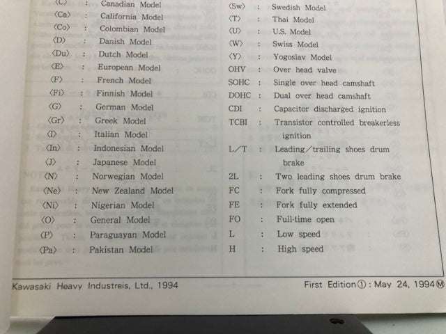 Kawasaki 99926-1024-01 Service Specifications Handbook '93-'94 Model Genuine