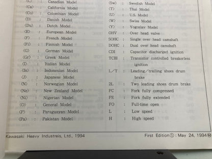 Kawasaki 99926-1024-01 Service Specifications Handbook '93-'94 Model Genuine
