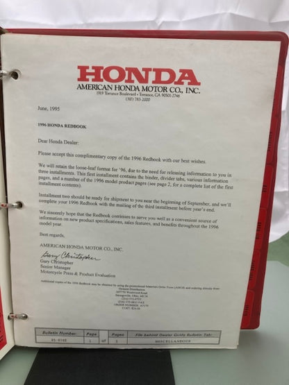 Honda Redbook Motorcycle & ATV Dealer Model Guide w/ Spec Sheets 1996 Genuine