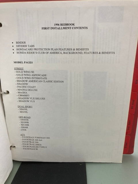 Honda Redbook Motorcycle & ATV Dealer Model Guide w/ Spec Sheets 1996 Genuine