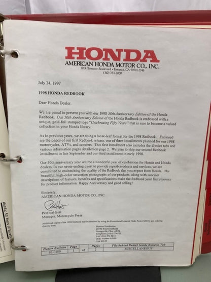 Honda Redbook Motorcycle & ATV Dealer Model Guide w/ Spec Sheets 1998 Genuine