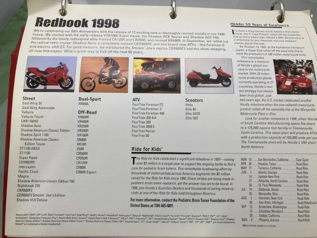 Honda Redbook Motorcycle & ATV Dealer Model Guide w/ Spec Sheets 1998 Genuine
