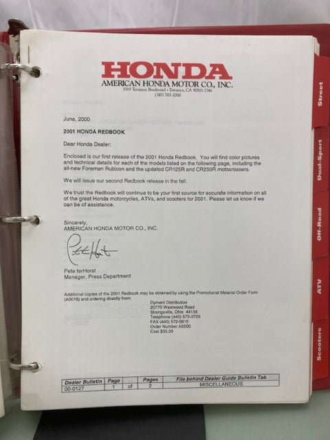 Honda Redbook Motorcycle & ATV Dealer Model Guide w/ Spec Sheets 2001 Genuine